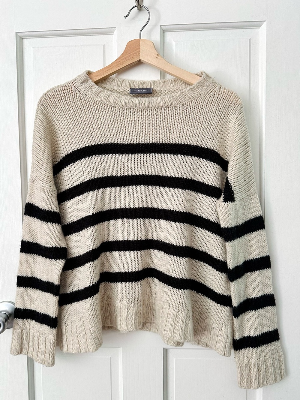 Wooden Ships Cream Black Stripes Crewneck Sweater Chunky Knit Wool Mohair XS/S
